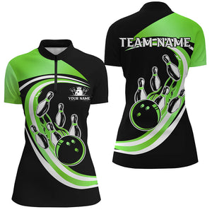 Black & Green Bowling Polo, 1/4 Zip Shirt For Women Custom Bowling Team League Jersey, Gift For Bowler NQS9043