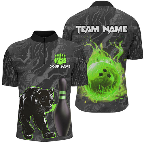 Black Camo Panther Green Flame Bowling Polo, 1/4 Zip Shirts For Men Custom Bowling Team League Jersey NQS9442