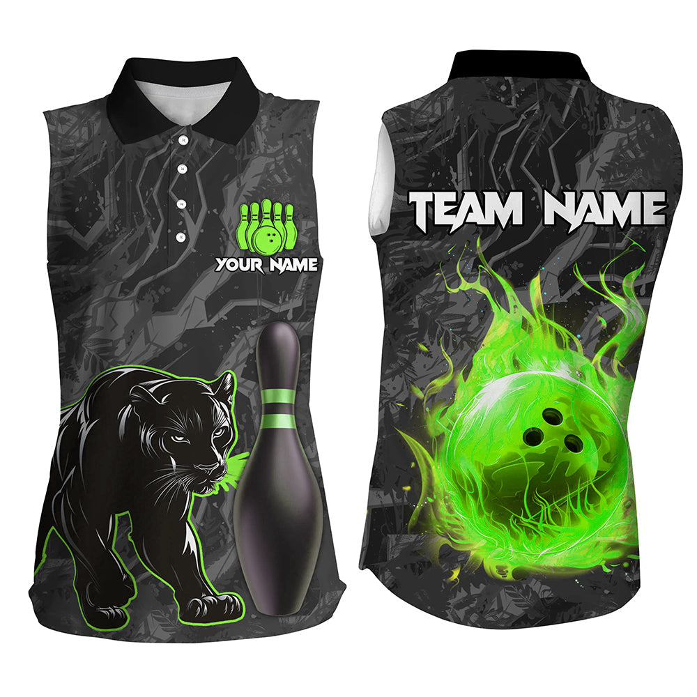 Black Camo Panther Green Flame Bowling Sleeveless Polo Shirts Custom Bowling Team League Jersey NQS9442