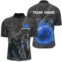 Load image into Gallery viewer, Black Camo Panther Blue Flame Bowling Polo, 1/4 Zip Shirts For Men Custom Bowling Team League Jersey NQS9443