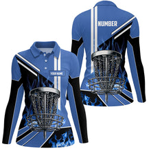 Load image into Gallery viewer, Women disc golf polo shirts custom blue flame disc golf basket disc golf outfit, disc golf apparel NQS7358