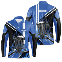 Load image into Gallery viewer, Mens disc golf polo shirt custom blue flame disc golf basket disc golf outfit, disc golf apparel NQS7358