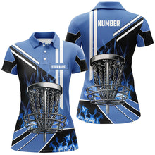 Load image into Gallery viewer, Women disc golf polo shirts custom blue flame disc golf basket disc golf outfit, disc golf apparel NQS7358