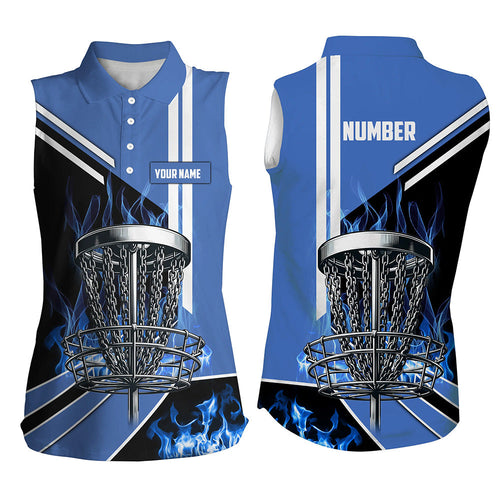 Women disc golf sleeveless polo shirts custom blue flame disc golf basket, disc golf outfits NQS7358