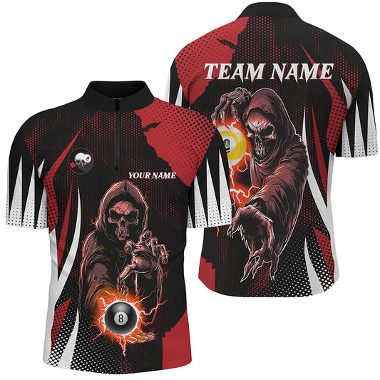 Funny Red Grim Reaper Billiard 8 Ball & 9 Ball Men Quarter-Zip Shirts, Billiard Jersey TDM1340