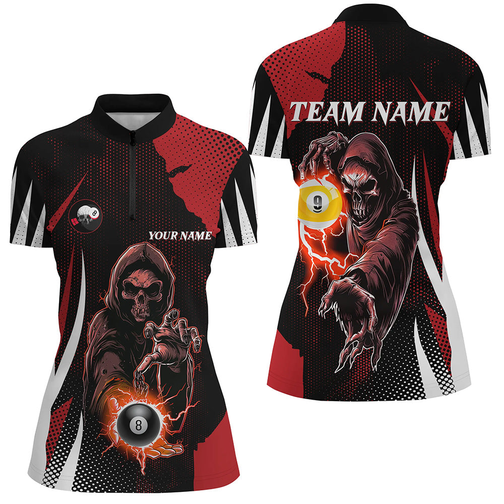 Funny Red Death Skeleton Billiard 8 Ball & 9 Ball Women Quarter-Zip Shirts, Billiard Jersey TDM1340