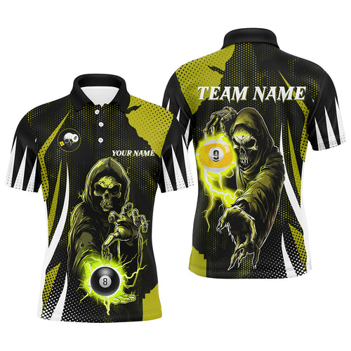 Funny Yellow Death Skeleton With Billiard 8 Ball & 9 Ball Men Polo Shirts Custom Billiard Team Jersey TDM1341