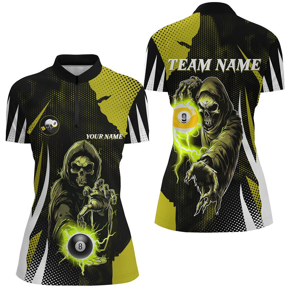 Funny Yellow Death Skeleton Billiard 8 Ball & 9 Ball Women Quarter-Zip Shirt, Billiard Jersey TDM1341