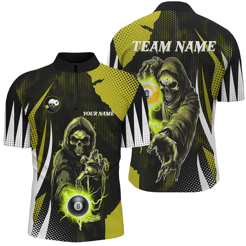 Funny Yellow Death Skeleton Billiard 8 Ball & 9 Ball Men Quarter-Zip Shirt, Billiard Jersey TDM1341