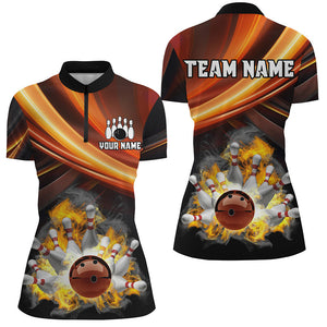 Personalized Black and Orange Smoke Flame Bowling Polo, 1/4 Zip Shirts For Women, cool bowling jerseys NQS8359