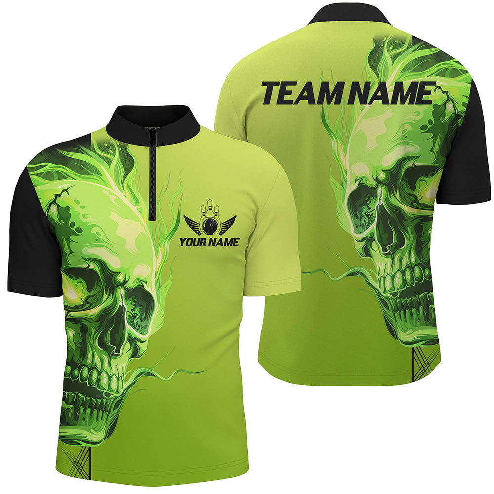 Custom Bowling Polo, Quarter Zip Shirts Men Green Flame Skull Team Bowling Jerseys Halloween Outfits NQS8363