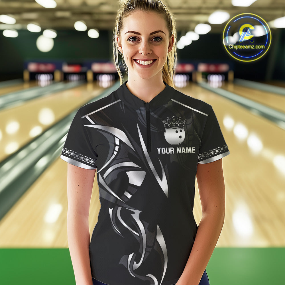 Black and Silver crown Bowling ball Polo, Quarter Zip Shirts for Women Custom Bowling Team jerseys NQS10537