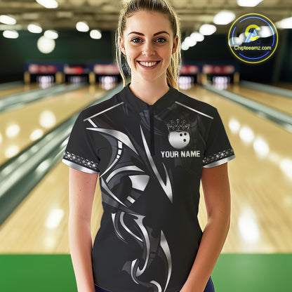 Black and Silver crown Bowling ball Polo, Quarter Zip Shirts for Women Custom Bowling Team jerseys NQS10537