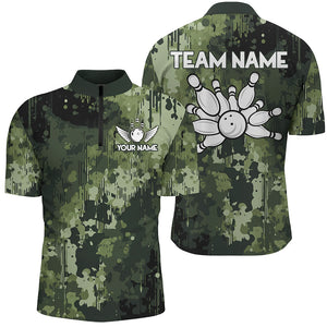 Green Camo  Bowling Polo, Quarter Zip Shirts For Men Custom Bowling Team Jerseys, Gift For Bowlers NQS9058