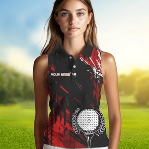 Black and Red Womens Golf Sleeveless Polo Shirts Custom retro golf ball clubs golf team league jerseys NQS9455