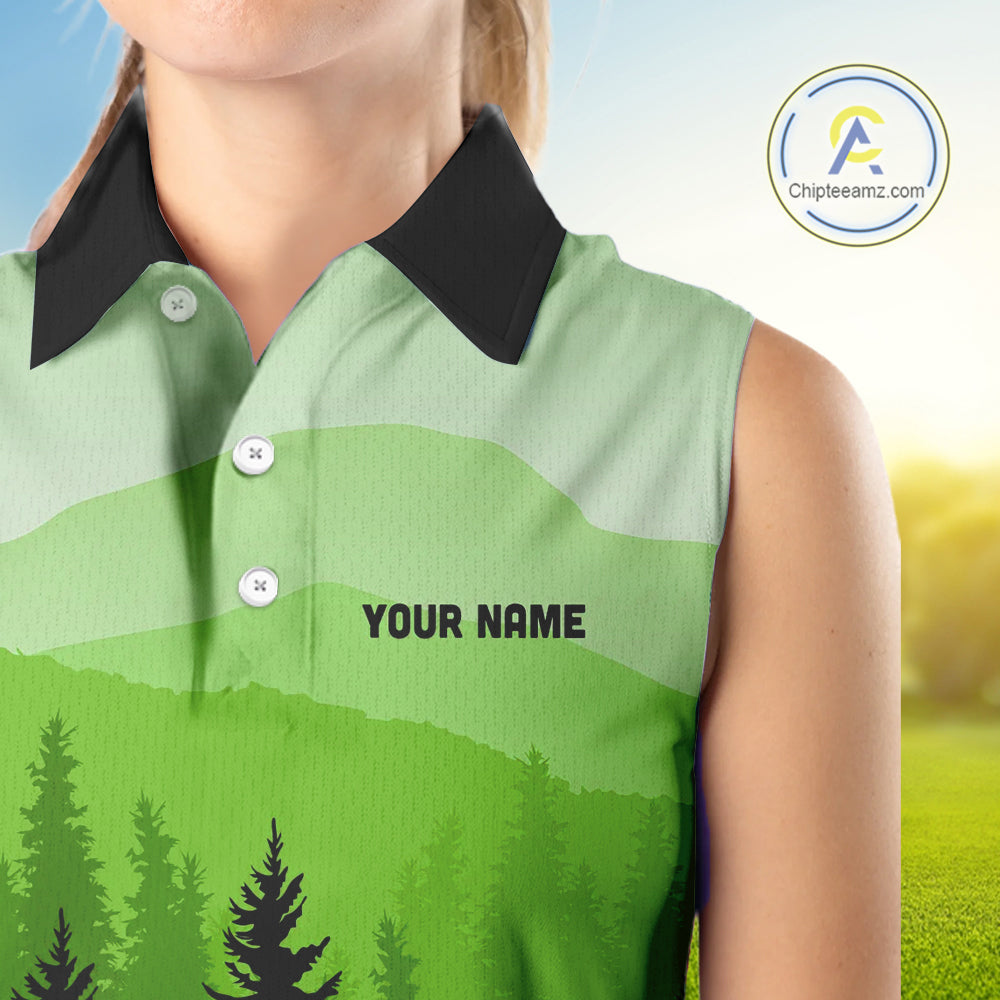 Green pattern forest Womens sleeveless polo shirt Custom team disc golf jerseys for ladies NQS10027