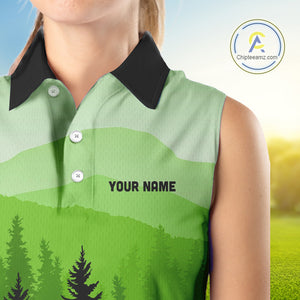Green pattern forest Womens sleeveless polo shirt Custom team disc golf jerseys for ladies NQS10027
