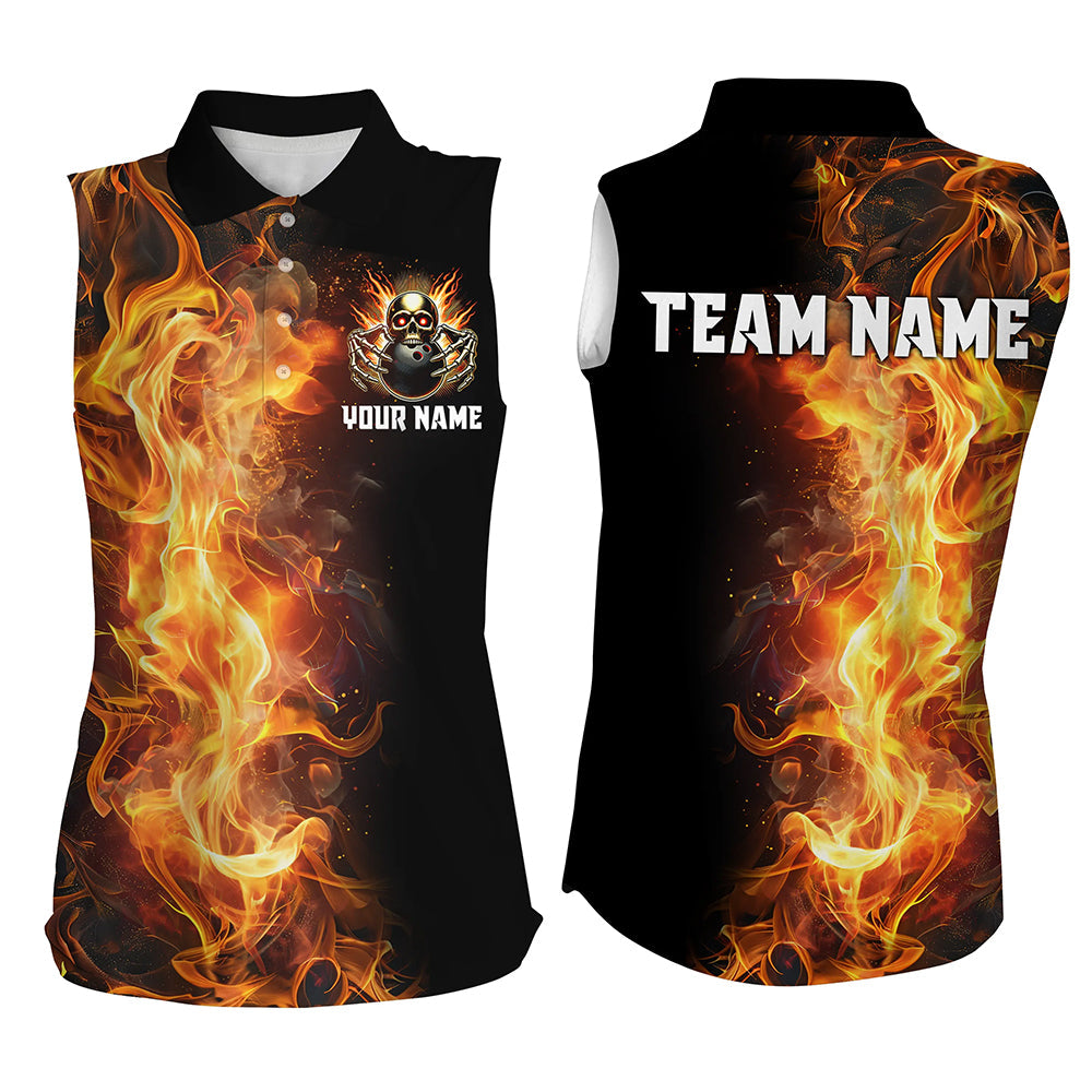 Flame Skull Black Bowling Sleeveless Polo Shirts Custom Team Bowling Jerseys, gift for bowlers NQS8369