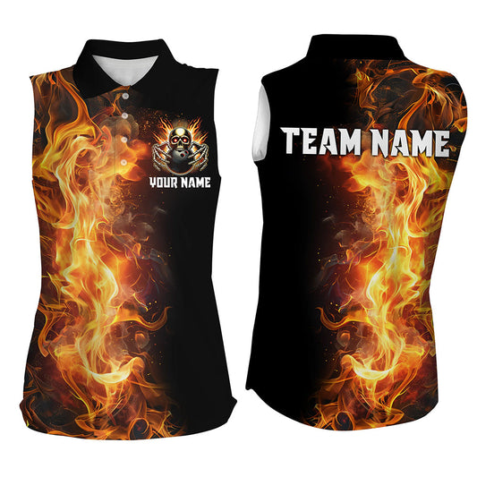 Flame Skull Black Bowling Sleeveless Polo Shirts Custom Team Bowling Jerseys, gift for bowlers NQS8369