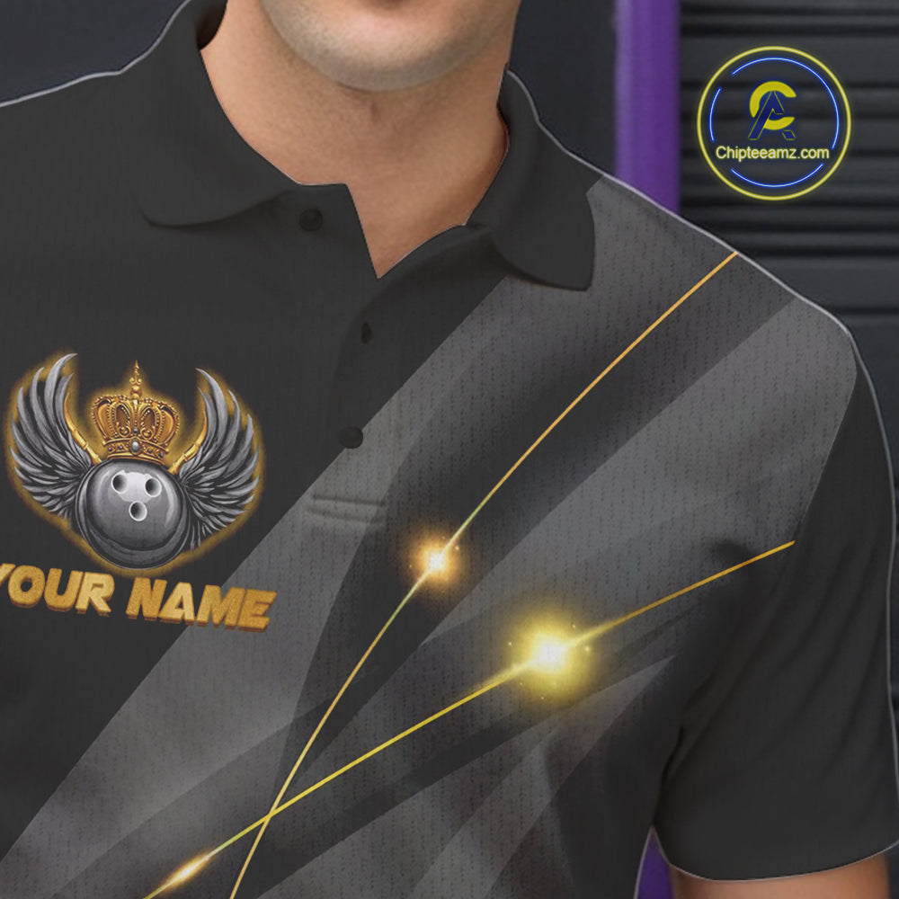 Black and Gold Crown Bowling ball wings Bowling Shirts For Men Custom Bowling Team Outfits NQS10549