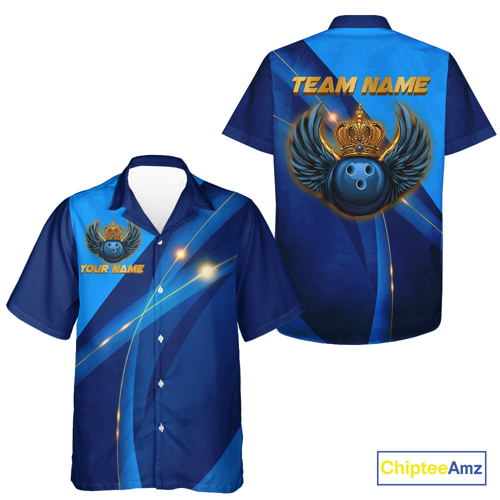 Blue and Gold Crown Bowling ball wings Bowling Hawaiian shirt Custom Bowling Team Outfits NQS10550
