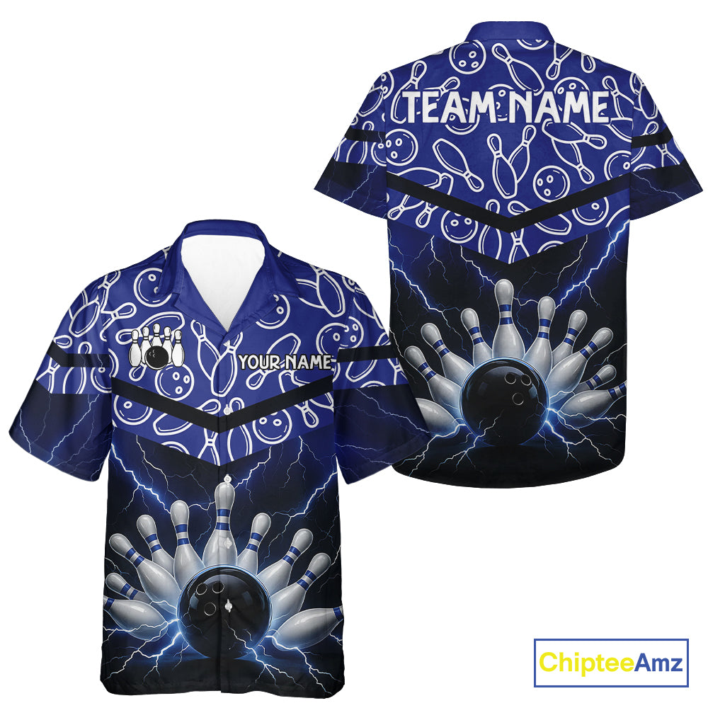 Blue camo Lightning Thunder Hawaiian bowling jersey Custom Team button up bowling shirts NQS10962