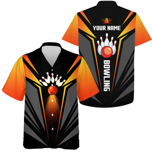 Custom hawaiian bowling shirts bowling ball and pins team shirt, black orange bowl shirts NQS4458