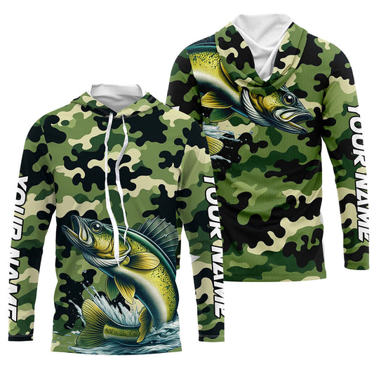 Black Green camo Walleye fishing Custom Long Sleeve Tournament Fishing Shirts, Walleye fishing Jerseys NQS7553