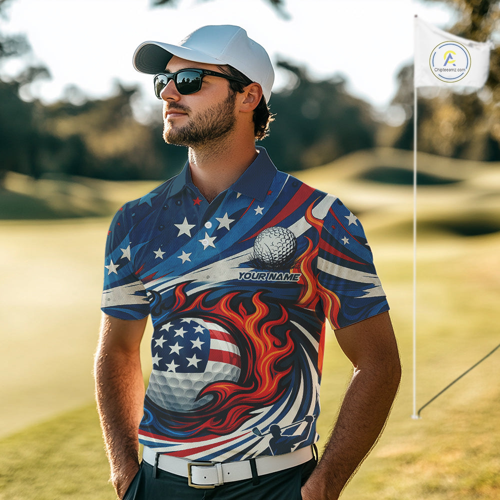 American Flag pattern Flame golf ball Mens Golf polo shirts Custom patriotic Golf Outfit For Mens NQS10038