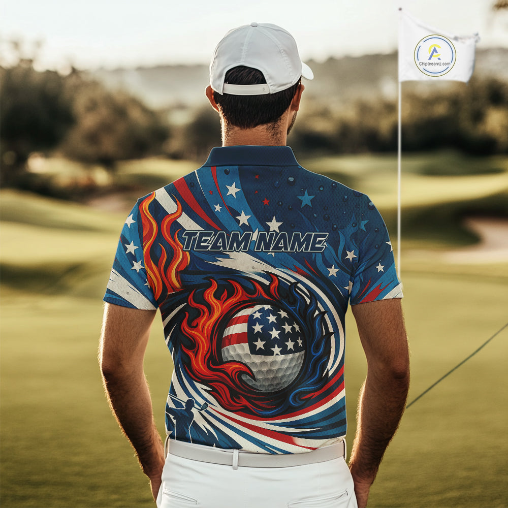 American Flag pattern Flame golf ball Mens Golf polo shirts Custom patriotic Golf Outfit For Mens NQS10038