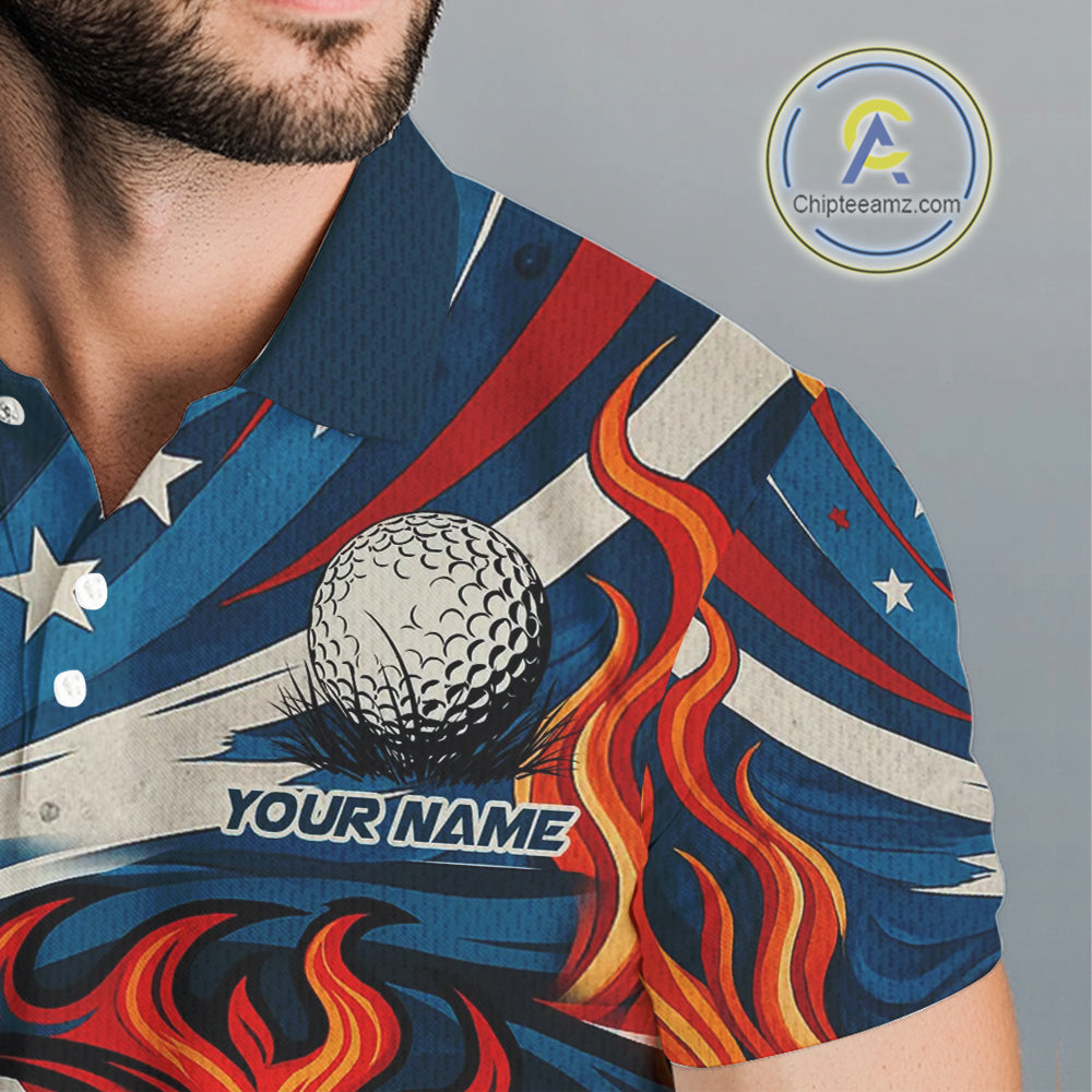 American Flag pattern Flame golf ball Mens Golf polo shirts Custom patriotic Golf Outfit For Mens NQS10038
