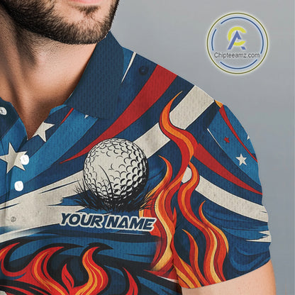 American Flag pattern Flame golf ball Mens Golf polo shirts Custom patriotic Golf Outfit For Mens NQS10038