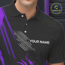 Load image into Gallery viewer, Black and Purple Flame Bowling Polo, Quarter Zip Shirts For Men Custom Bowling Outfit Team Jerseys NQS10194