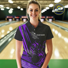 Load image into Gallery viewer, Black and Purple Flame Bowling Polo, Quarter Zip Shirts For Women Custom Bowling Outfit Team Jerseys NQS10194
