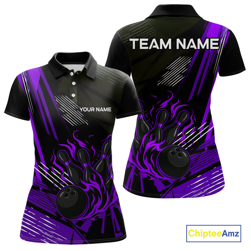 Black and Purple Flame Bowling Polo, Quarter Zip Shirts For Women Custom Bowling Outfit Team Jerseys NQS10194