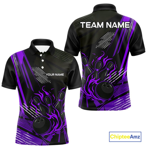 Black and Purple Flame Bowling Polo, Quarter Zip Shirts For Men Custom Bowling Outfit Team Jerseys NQS10194