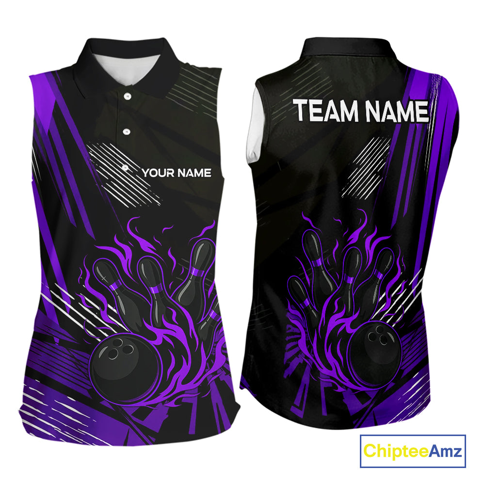 Black and Purple Flame Bowling sleeveless polo Shirts Custom Bowling Outfit Team Jerseys NQS10194