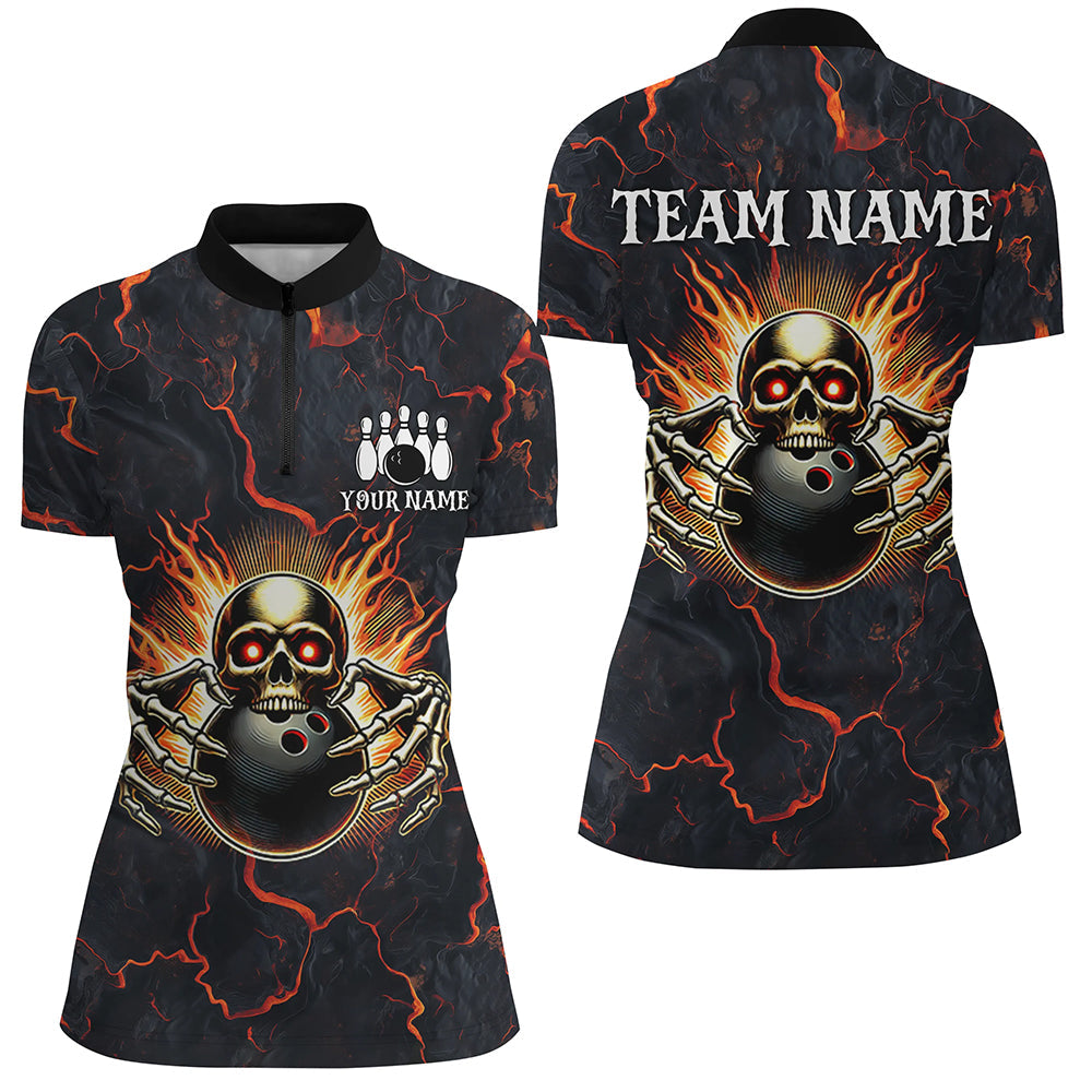 Custom Bowling Shirt for Women Personalized Skull Bowling Jerseys Bowling Team Polo, 1/4 Zip Shirts NQS8376