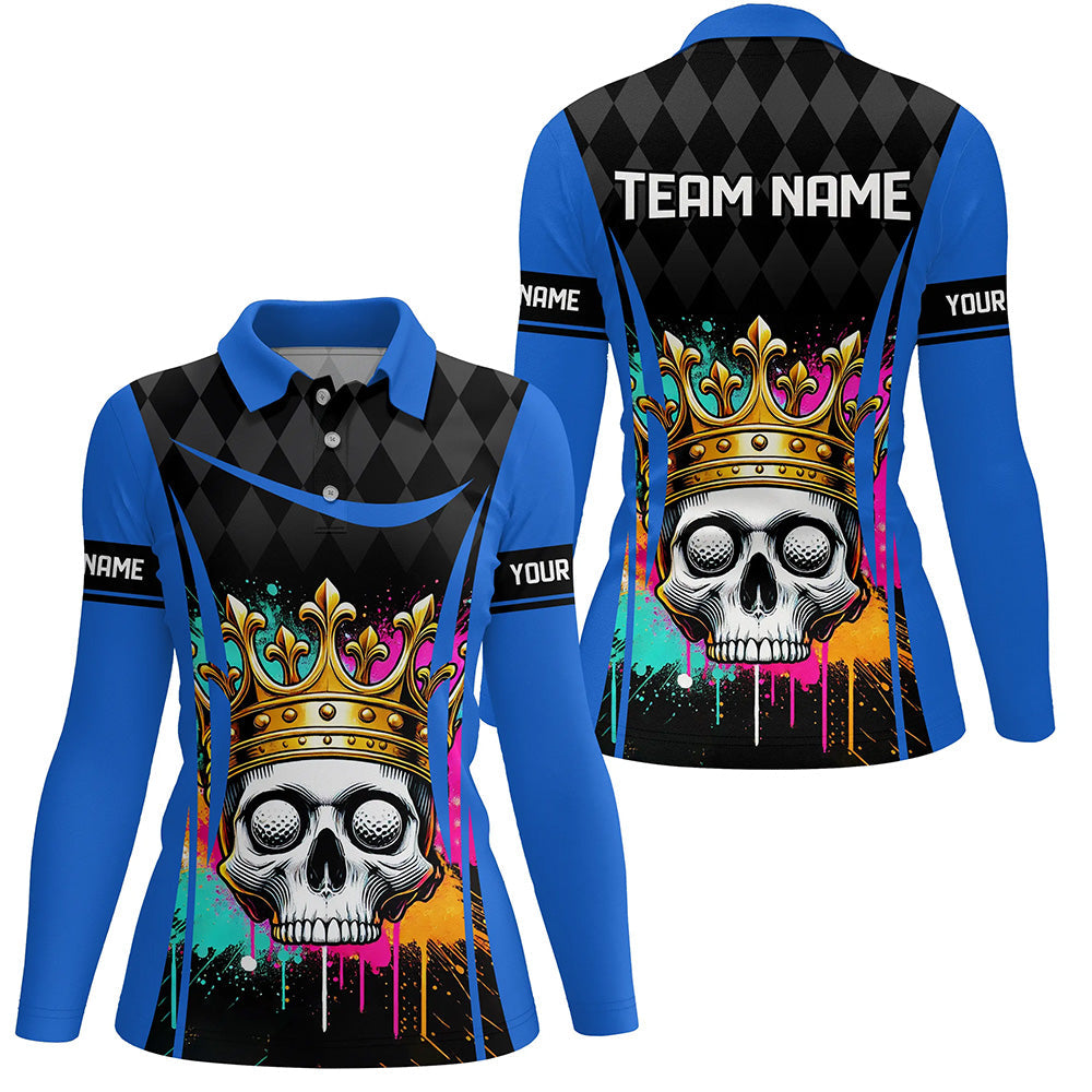 Black argyle pattern colorful Skull Women golf polo shirts custom ladies golf tops | Blue NQS8379