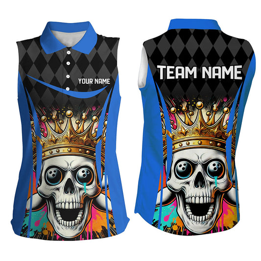 Black argyle pattern colorful Skull Custom Bowling Sleeveless Polo Shirt Personalized Bowling Jerseys NQS8380