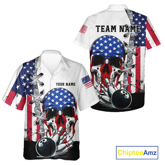 American Flag Skull Bowling Button-up Shirt Custom Patriotic Hawaiian Bowling Team jerseys NQS11694