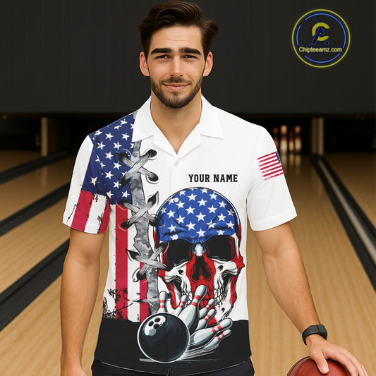 American Flag Skull Bowling Button-up Shirt Custom Patriotic Hawaiian Bowling Team jerseys NQS11694