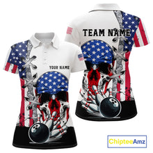 Load image into Gallery viewer, American Flag Skull Bowling Polo, Quarter Zip Shirts for Women Custom Patriotic Bowling Team jerseys NQS11694