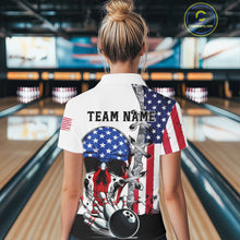 Load image into Gallery viewer, American Flag Skull Bowling Polo, Quarter Zip Shirts for Women Custom Patriotic Bowling Team jerseys NQS11694