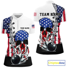 Load image into Gallery viewer, American Flag Skull Bowling Polo, Quarter Zip Shirts for Women Custom Patriotic Bowling Team jerseys NQS11694