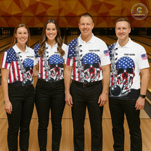 Load image into Gallery viewer, American Flag Skull Bowling Polo, Quarter Zip Shirts for Women Custom Patriotic Bowling Team jerseys NQS11694