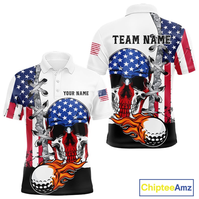 American Flag Skull Flame Golf Ball Mens Golf Polo shirts Custom Patriotic golf attire for men NQS11695