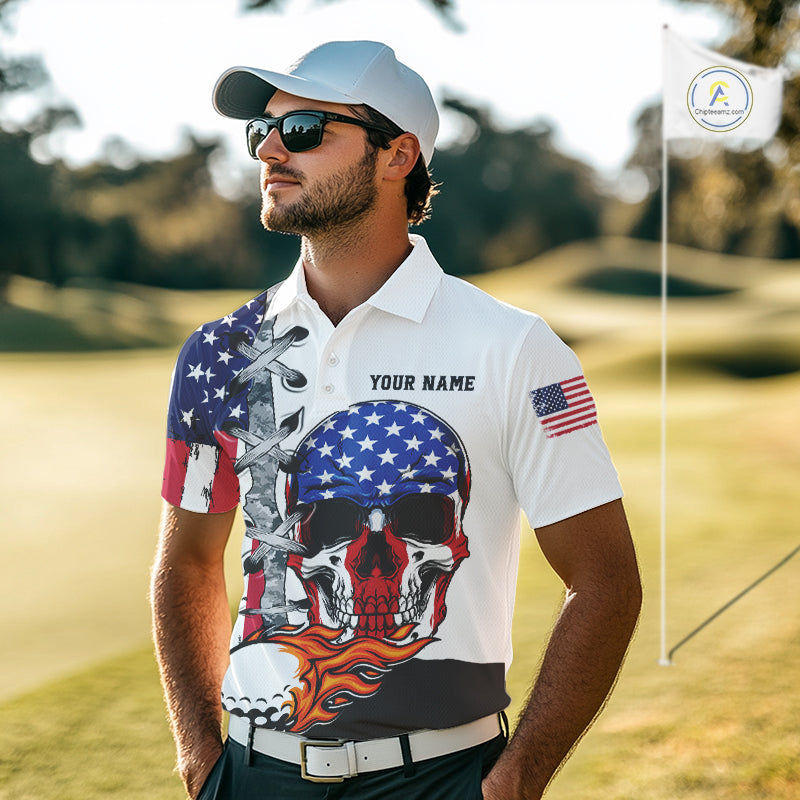 American Flag Skull Flame Golf Ball Mens Golf Polo shirts Custom Patriotic golf attire for men NQS11695