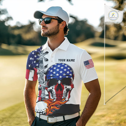 American Flag Skull Flame Golf Ball Mens Golf Polo shirts Custom Patriotic golf attire for men NQS11695