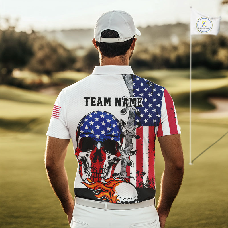 American Flag Skull Flame Golf Ball Mens Golf Polo shirts Custom Patriotic golf attire for men NQS11695